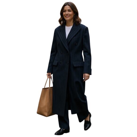 Lauren Ralph Lauren Pinstripe Wool Blend Double Breated Coat Black Size 8 - Picture 2 of 10